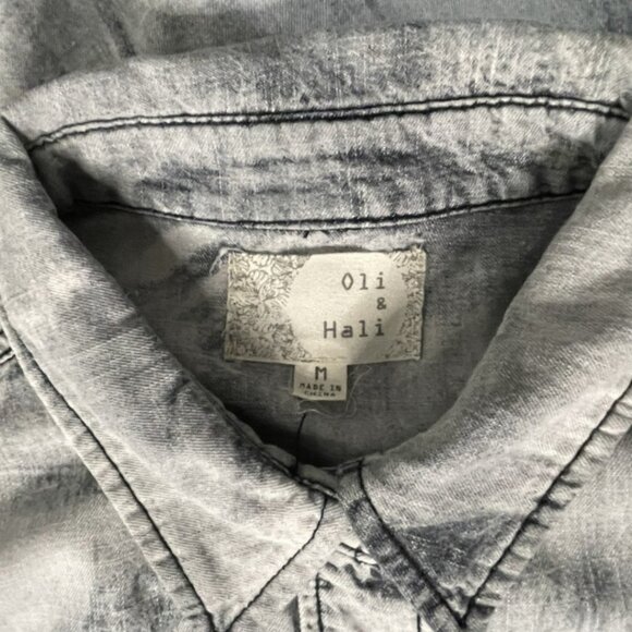 Oli & Hali Acid Wash Denim Shirt M Oversized Distressed Snap Front Patchwork - Picture 11 of 15